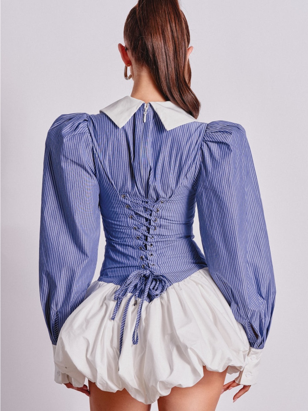 Striped Blue & White Puff-Sleeve Mini Dress - Picture 3 of 8